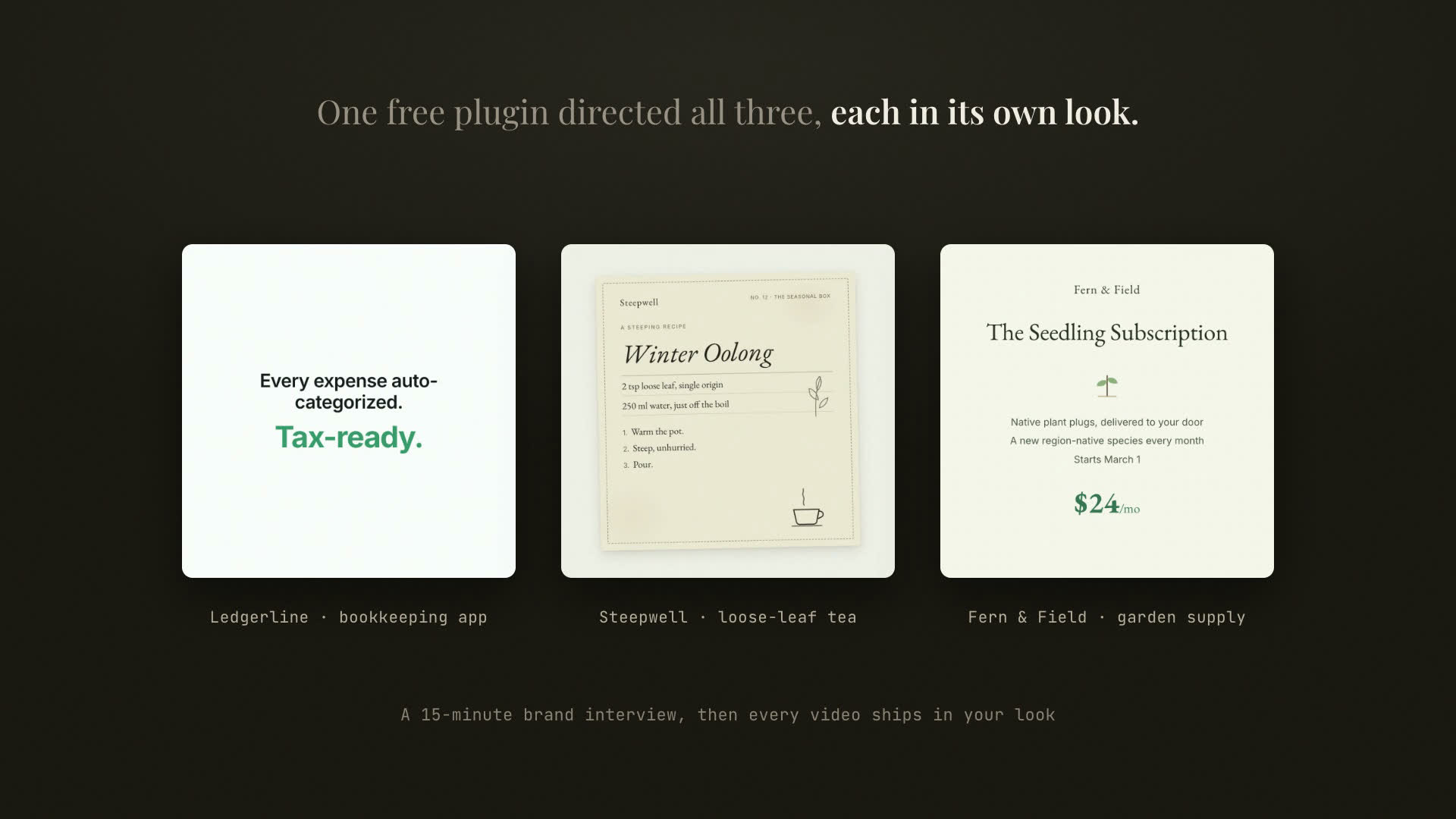 One free plugin directed all three, each in its own look. Ledgerline the bookkeeping app, Steepwell the loose-leaf tea brand, and Fern & Field the garden-supply shop, three brands the same process gave three distinct looks.